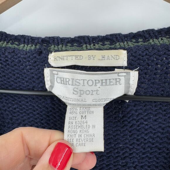 Vintage Christopher Sport Hand Knit Cardigan Navy Green V-Neck Sweater Size M - Picture 3 of 9